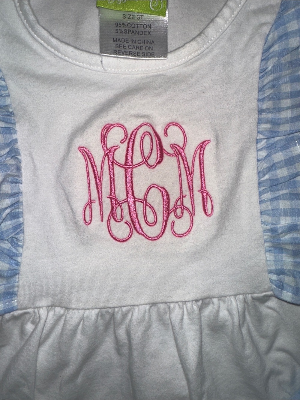 Classic Whimsy White Top & Light Blue Gingham Ruffle Set with Pink Monogram - Picture 2 of 7
